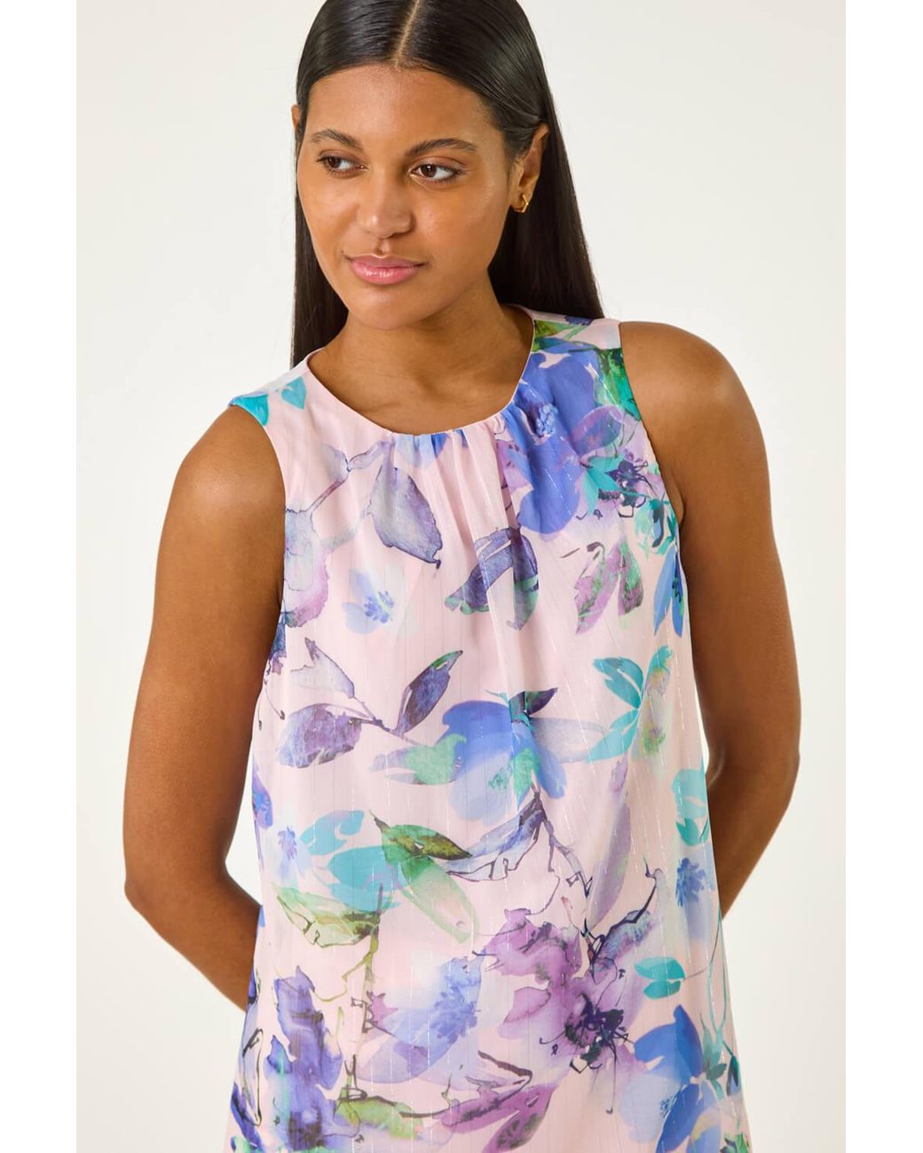 Roman Blue Floral Print Metallic Shell Top