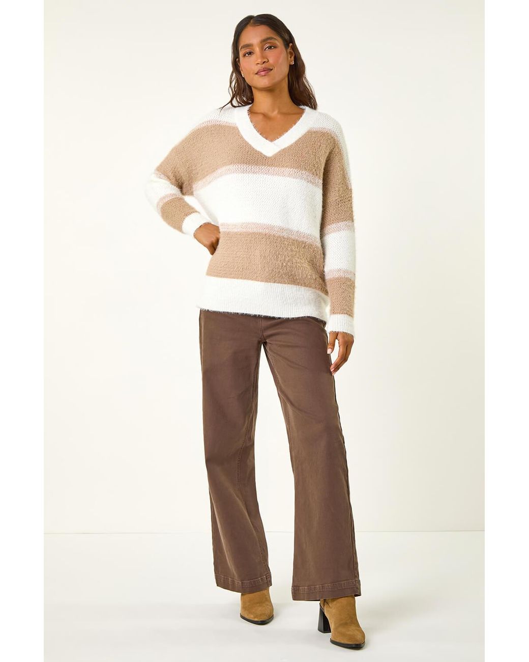 Roman Natural V-Neck Stripe Knit Jumper