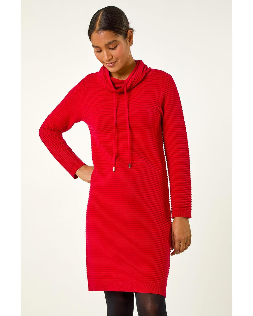 Roman Red Ribbed Cowl Neck Jumper Dress