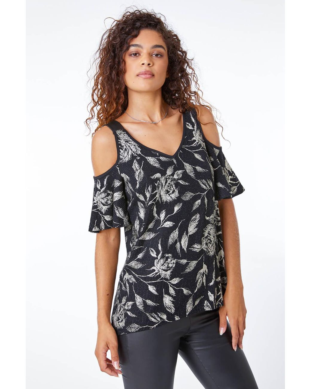 Roman Black Metallic Floral Cold Shoulder Top