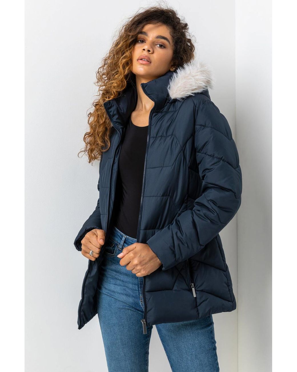 Roman Blue Faux Fur Trim Hooded Coat