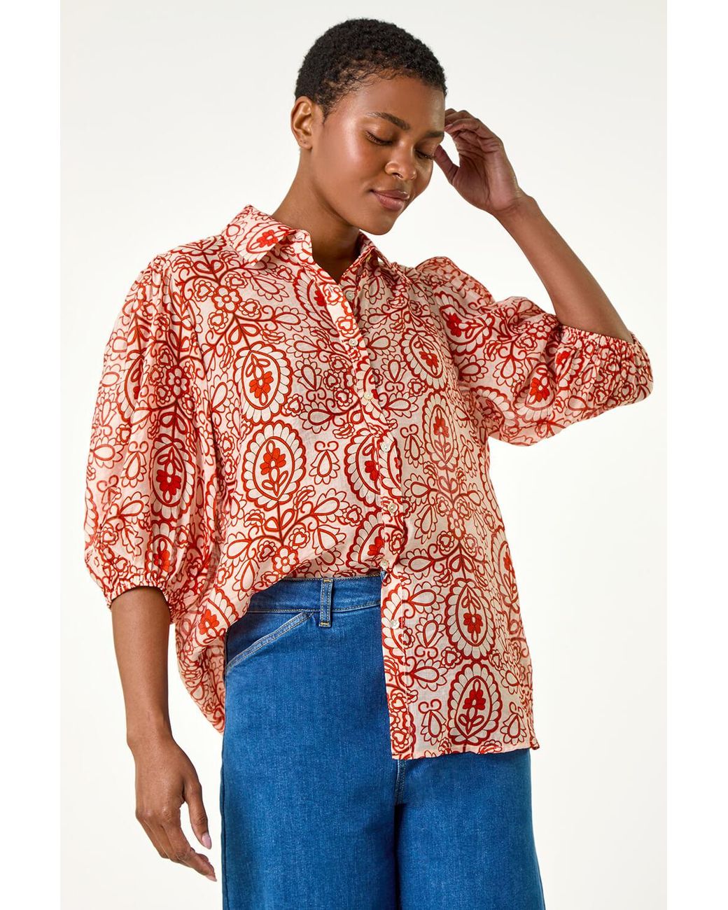 Roman Orange Floral Paisley Balloon Sleeve Shirt