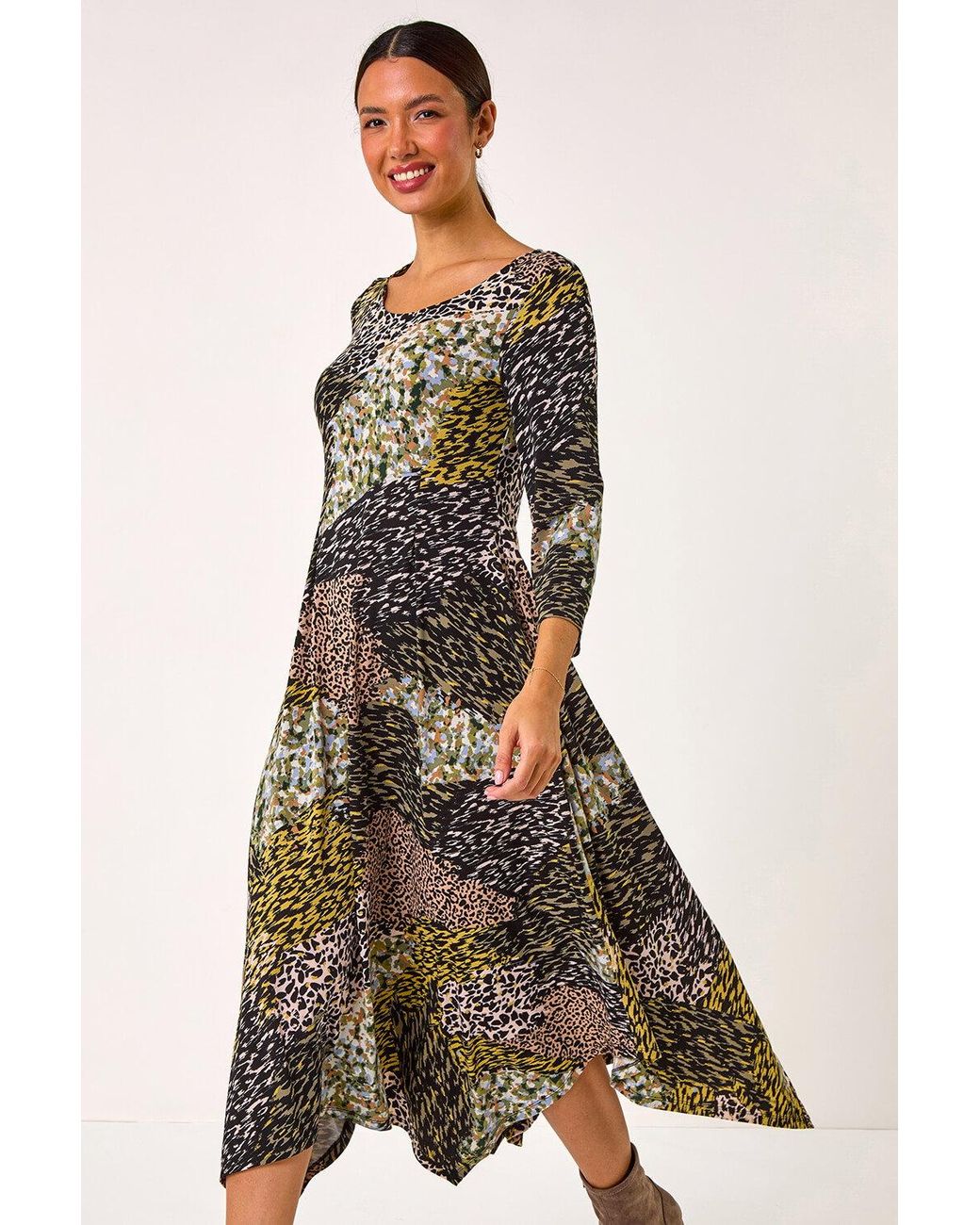 Roman Natural Animal Print Hanky Hem Midi Dress