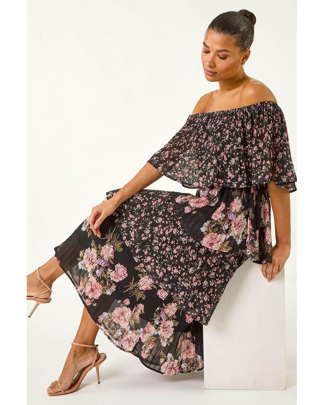 Roman Black Bardot Ditsy Floral Midi Dress