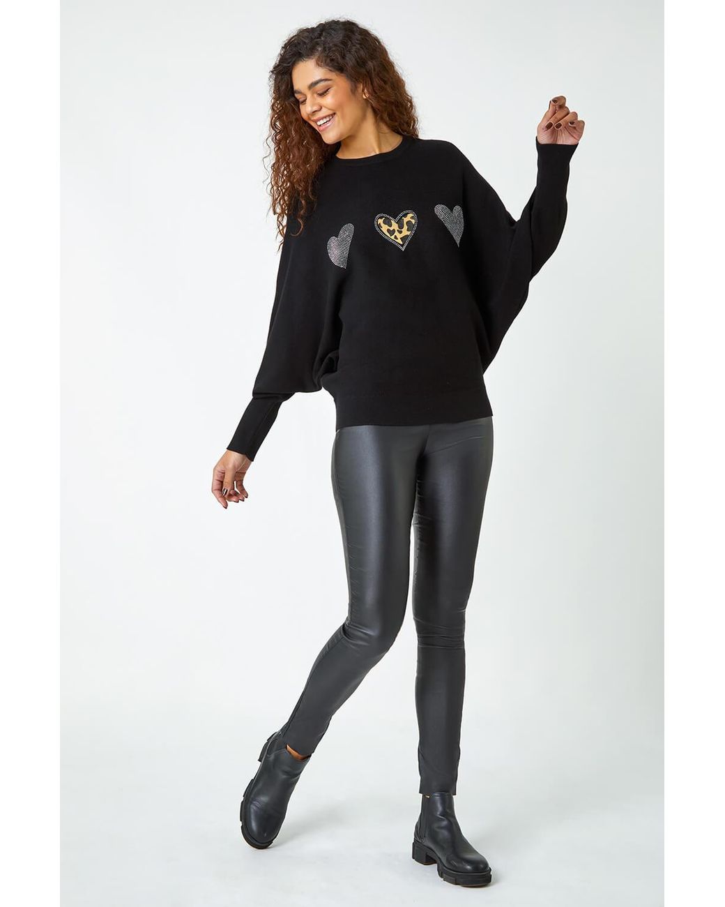 Roman Black Embellished Animal Print Heart Jumper