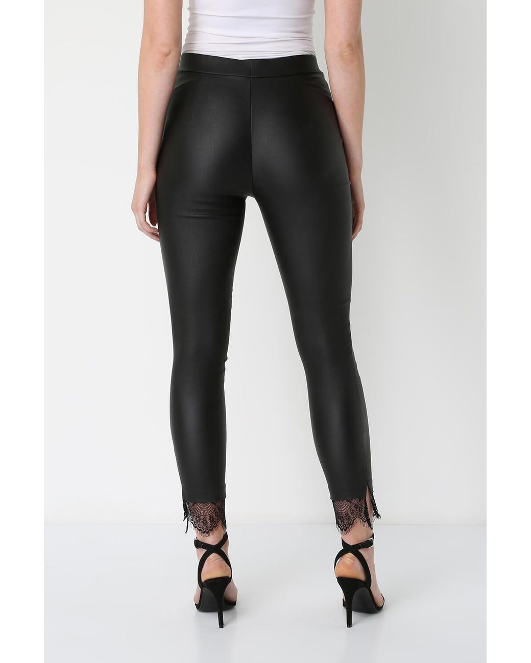 Roman Black Faux Leather Lace Hem Leggings