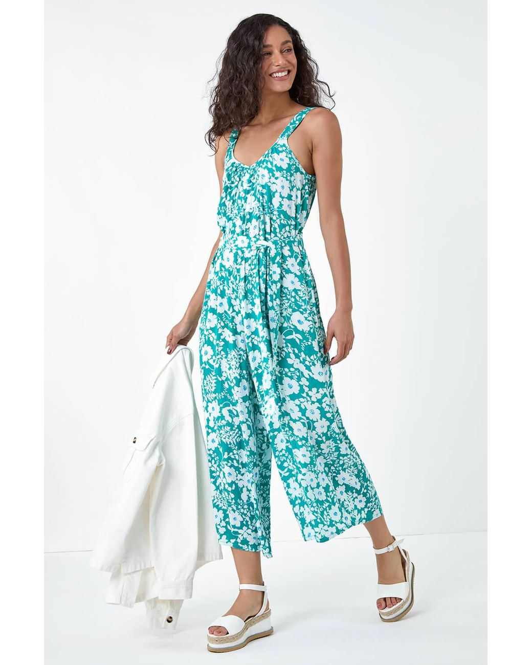 D.u.s.k Blue Floral Print Belted Jumpsuit