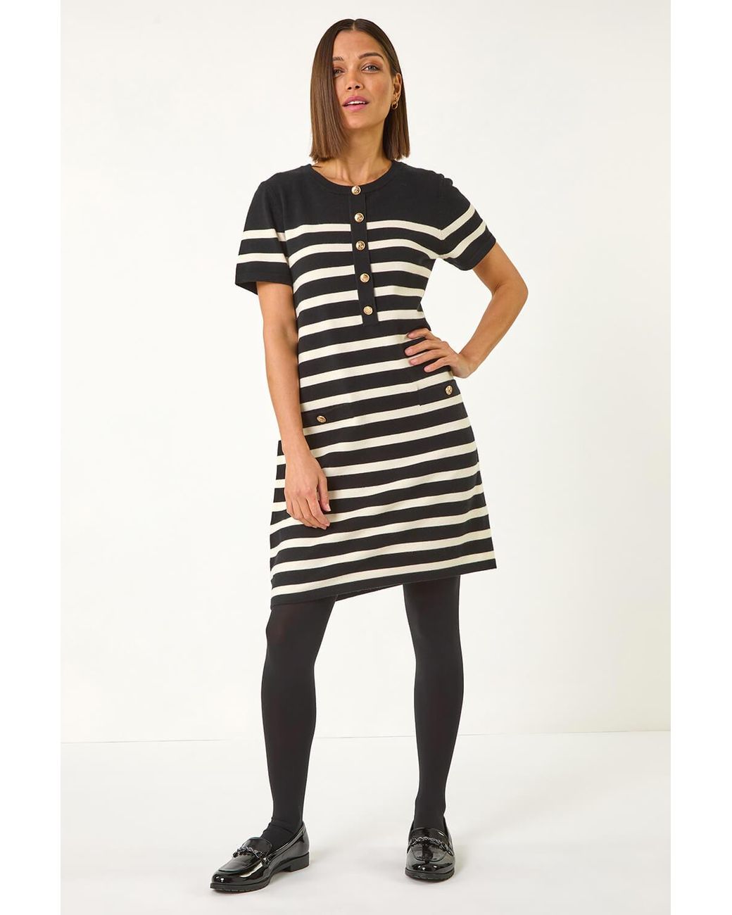 Roman Black Stripe Button A-Line Knit Dress