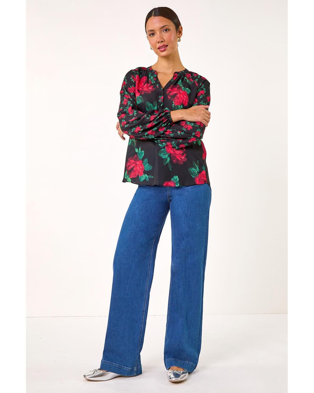 Roman Red Floral Print Notch Neck Top