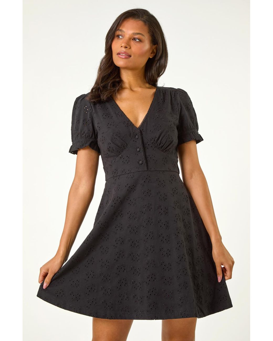 Roman Blue Broderie Cotton Stretch Jersey Frill Dress