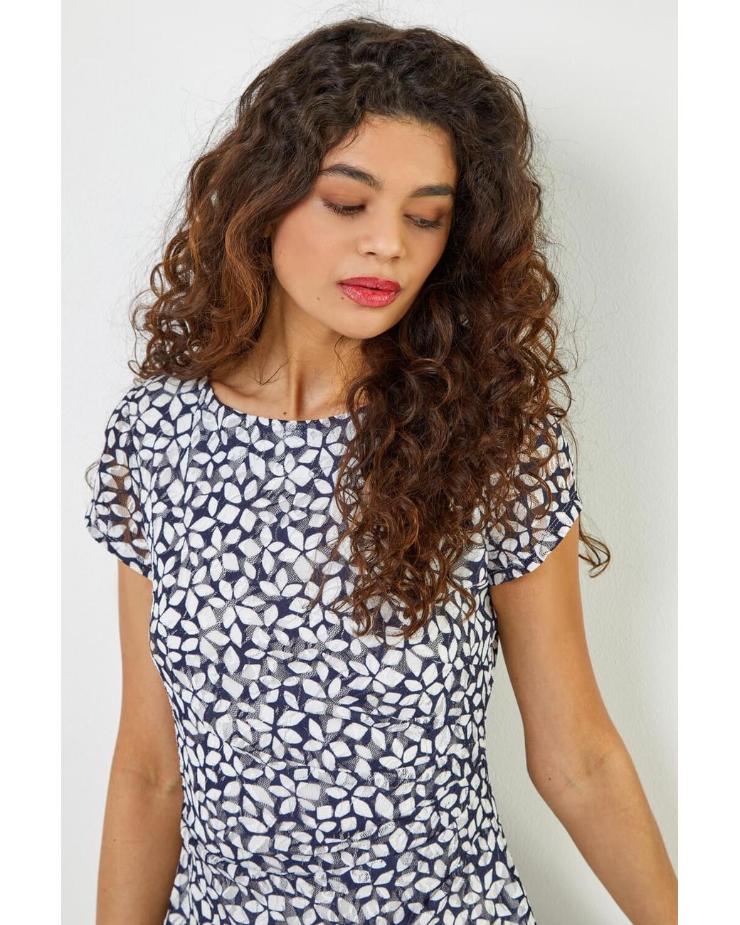 Roman Blue Floral Print Stretch Lace Dress