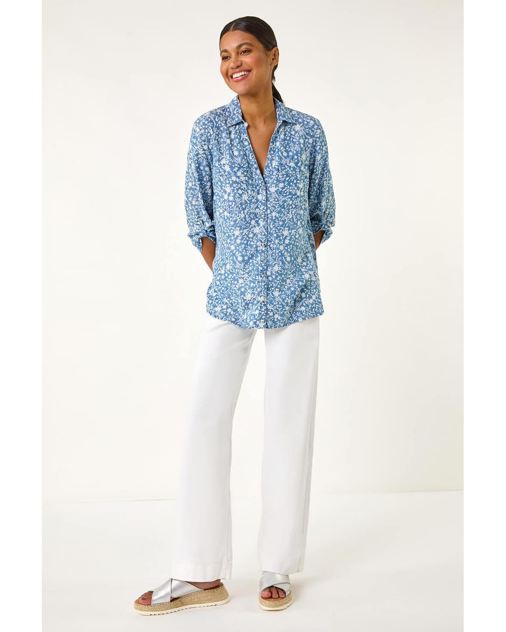 Roman Blue Floral Print Button Through Shirt