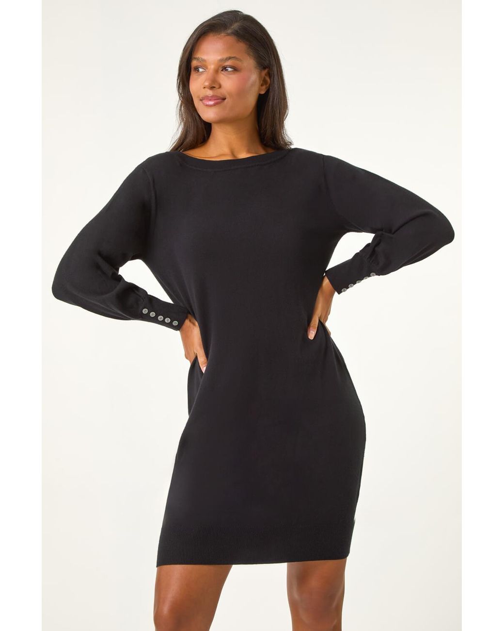 Roman Black Button Detail Slash Neck Knitted Stretch Dress
