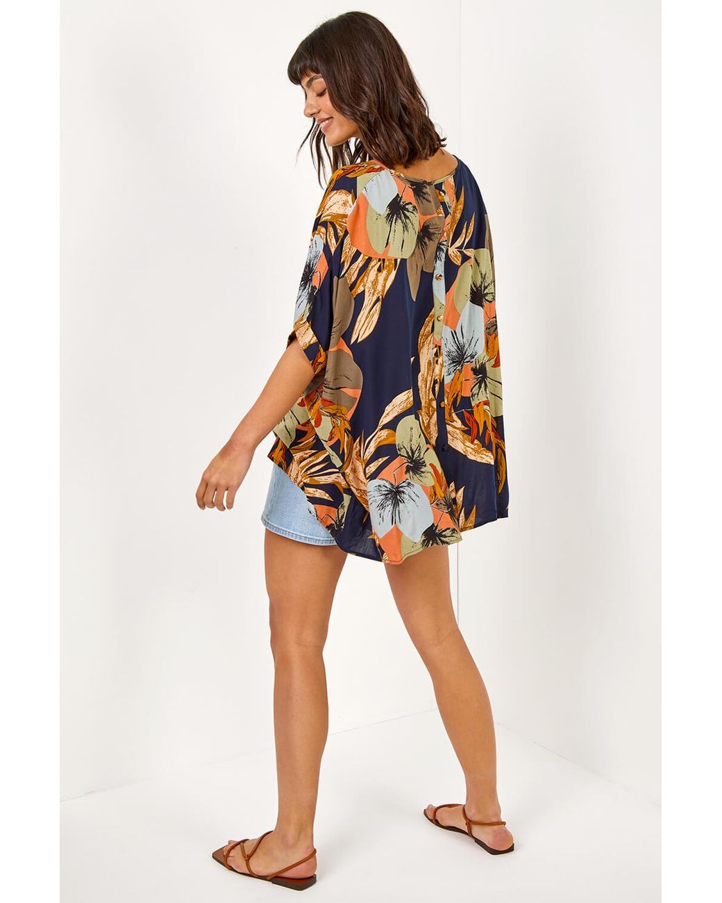 Roman Blue Palm Print Button Back Top