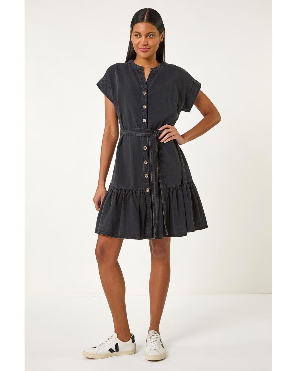 Roman Black Denim Tiered Shirt Dress