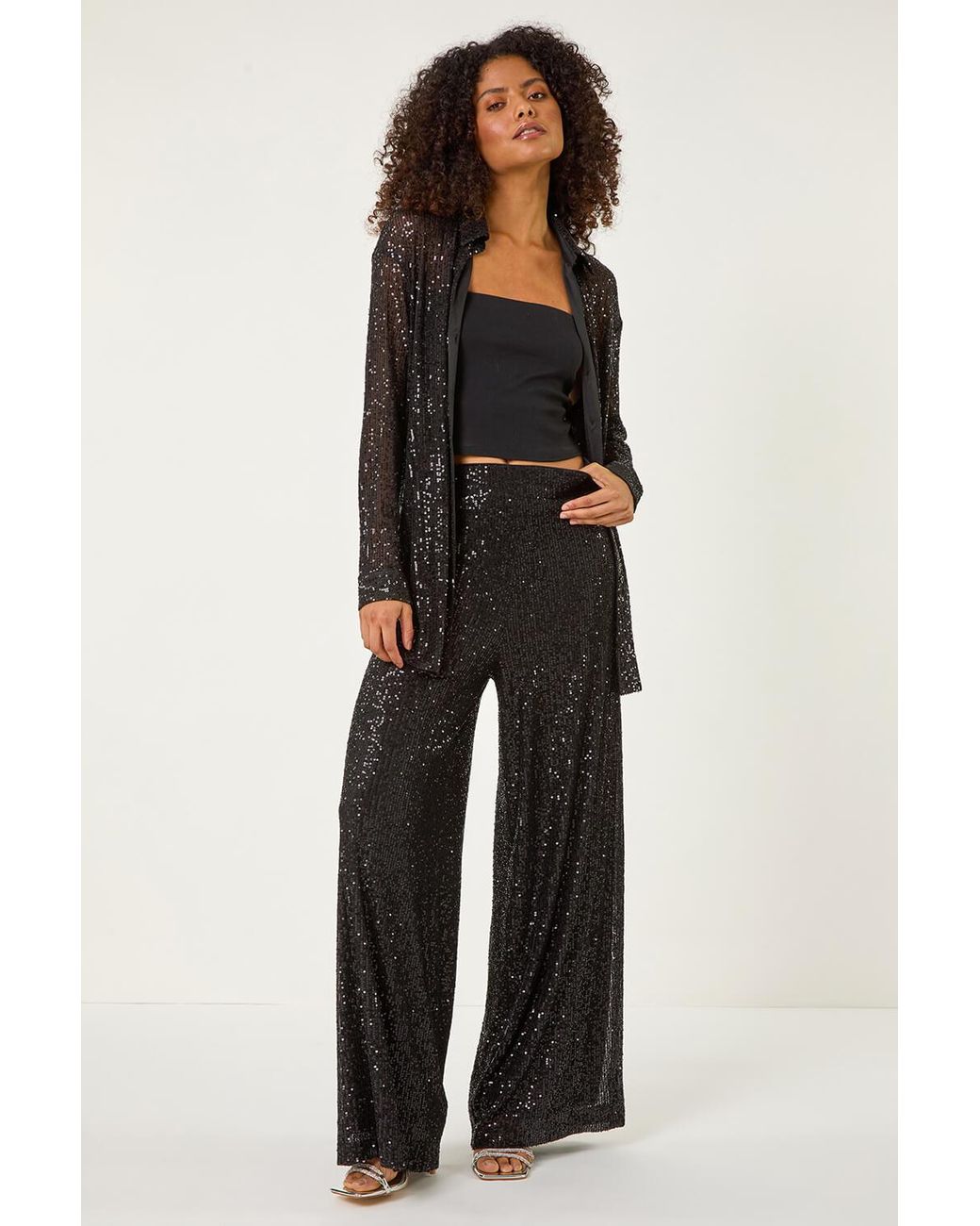 D.u.s.k Black Sequin Button Through Stretch Blouse