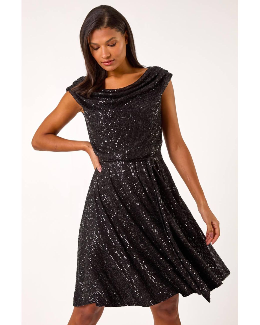 Roman Black Sequin Cowl Neck Stretch Dress