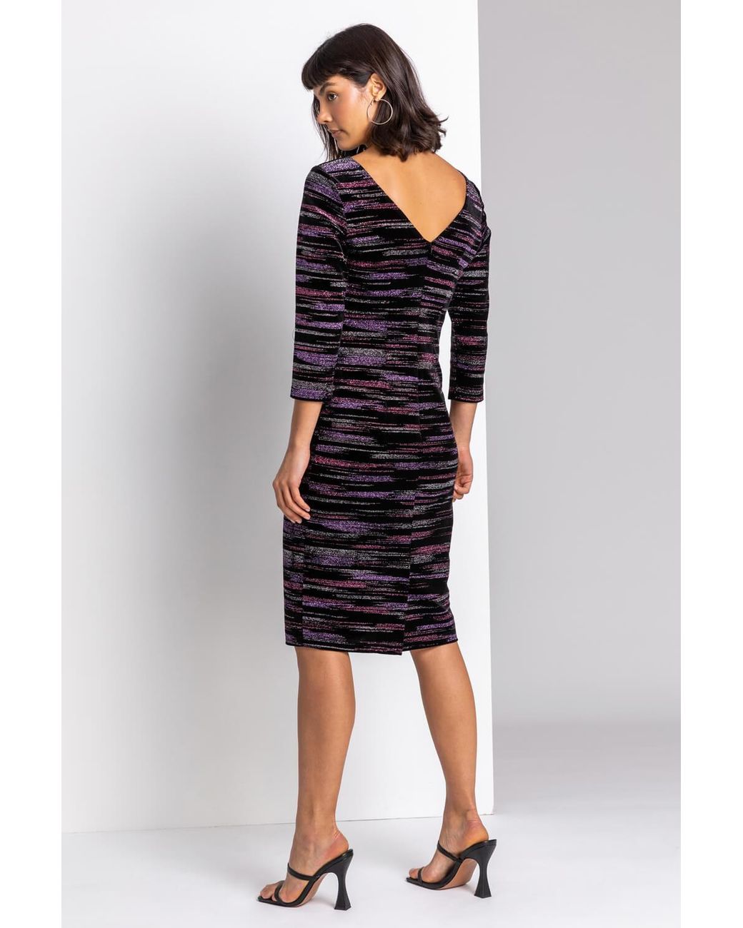 Roman Pink Glitter Stripe Print Velvet Shift Dress