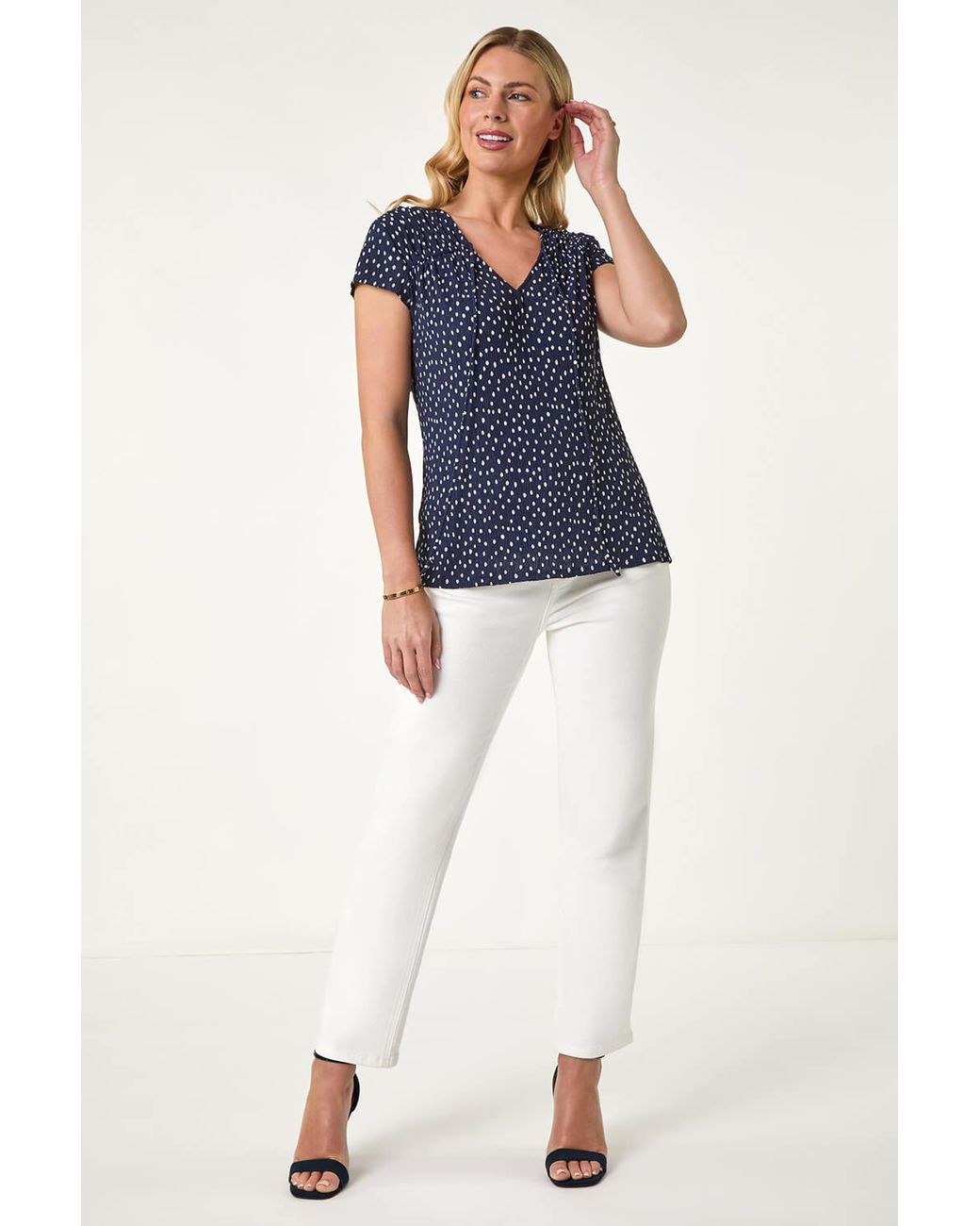 Roman Petite Blue Spot Print Crinkle V-Neck Top