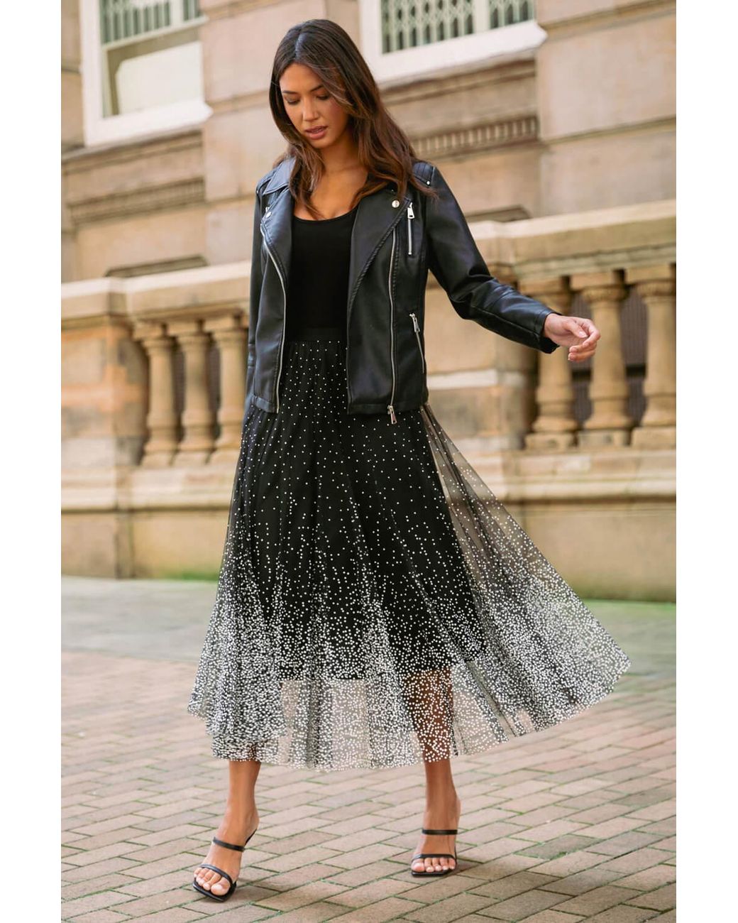 Roman Black Polka Dot Print Elasticated Mesh Skirt