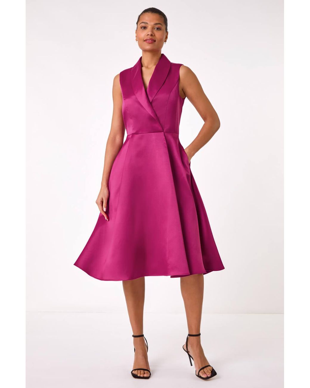Roman Pink Satin Tuxedo Style Midi Dress