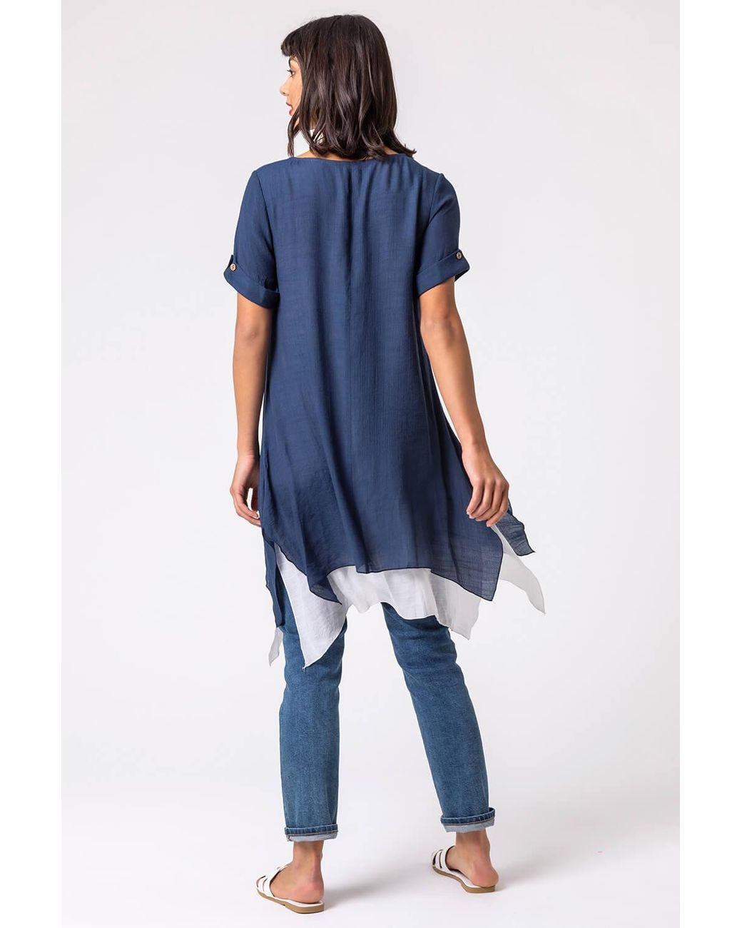 Roman Blue Floral Motif Print Asymmetric Tunic Top