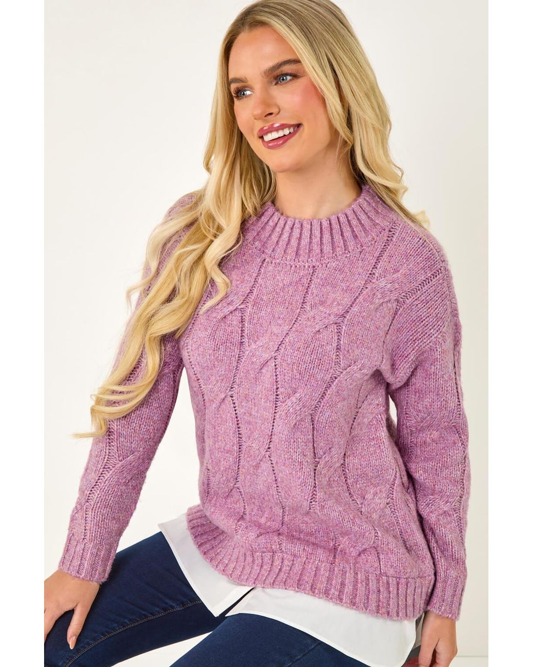 Roman Petite Pink Cable Knit Mock Shirt Jumper