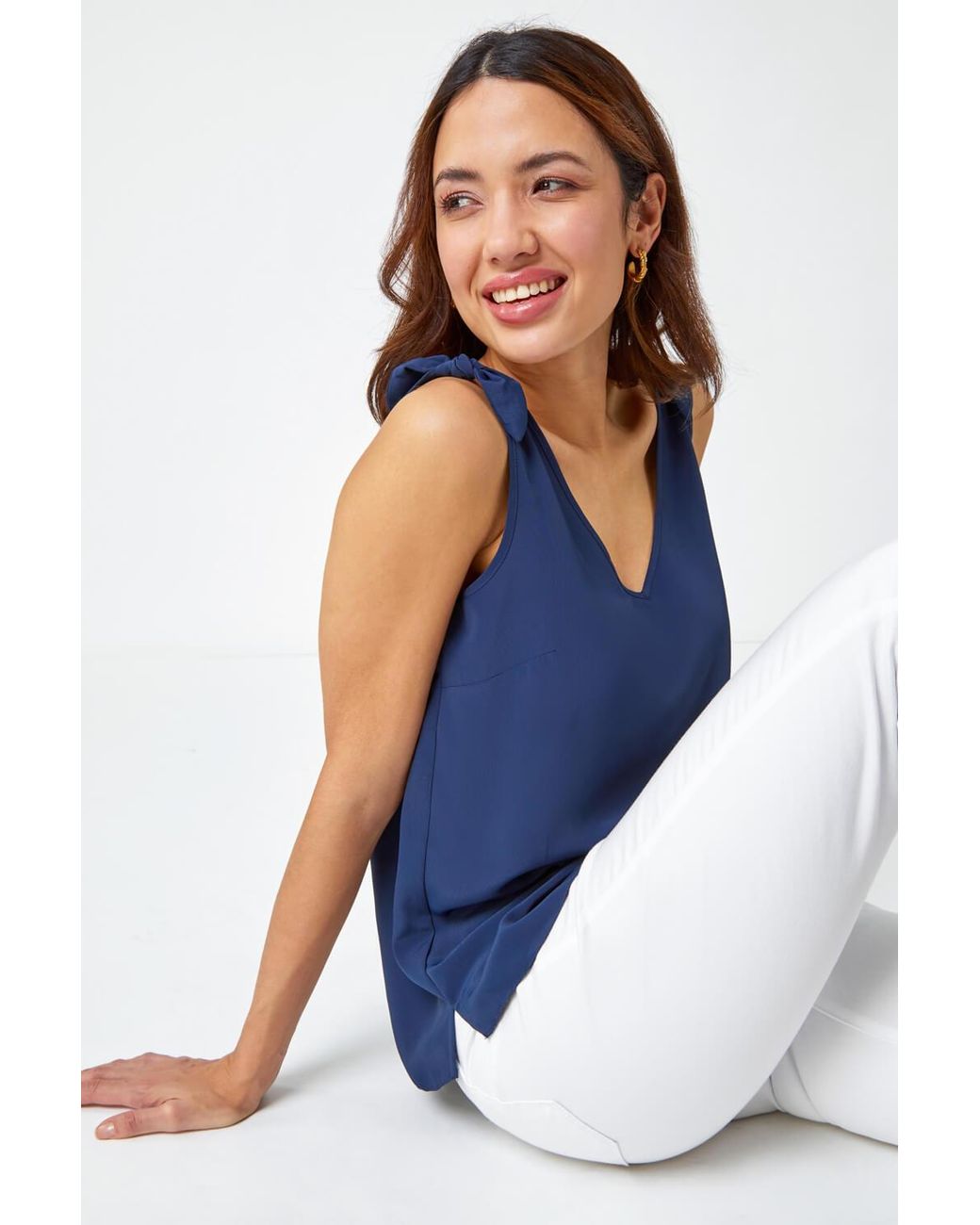 Roman Blue Tie Detail Strap V-Neck Cami Top