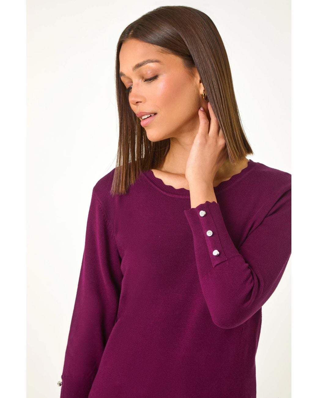Roman Purple Diamante Button Scallop Edge Jumper