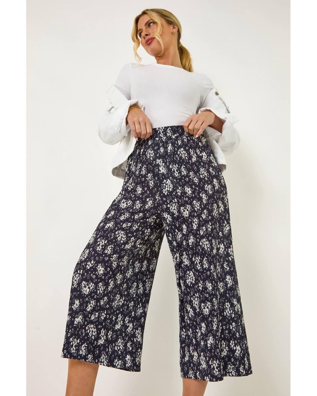 Roman Petite Blue Floral Crinkle Cropped Trouser