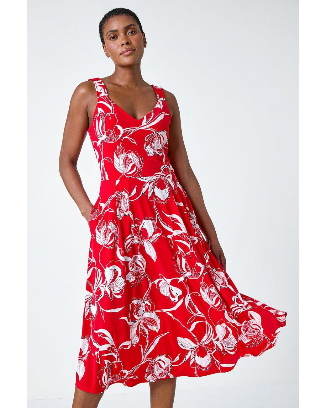 Roman Textured Floral Print Midi Stretch Dress