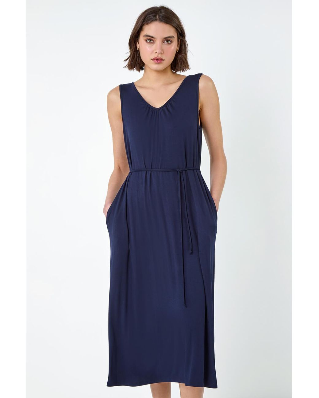 Roman Blue Gathered Tie Detail Stretch Midi Dress