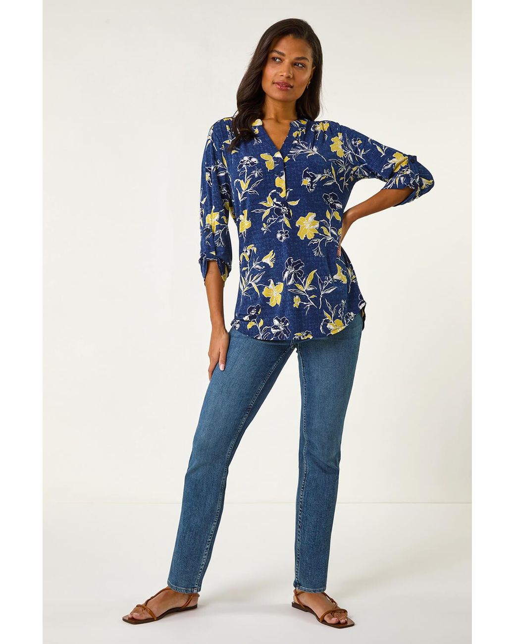 Roman Blue Textured Floral Print V-Neck Stretch Shirt