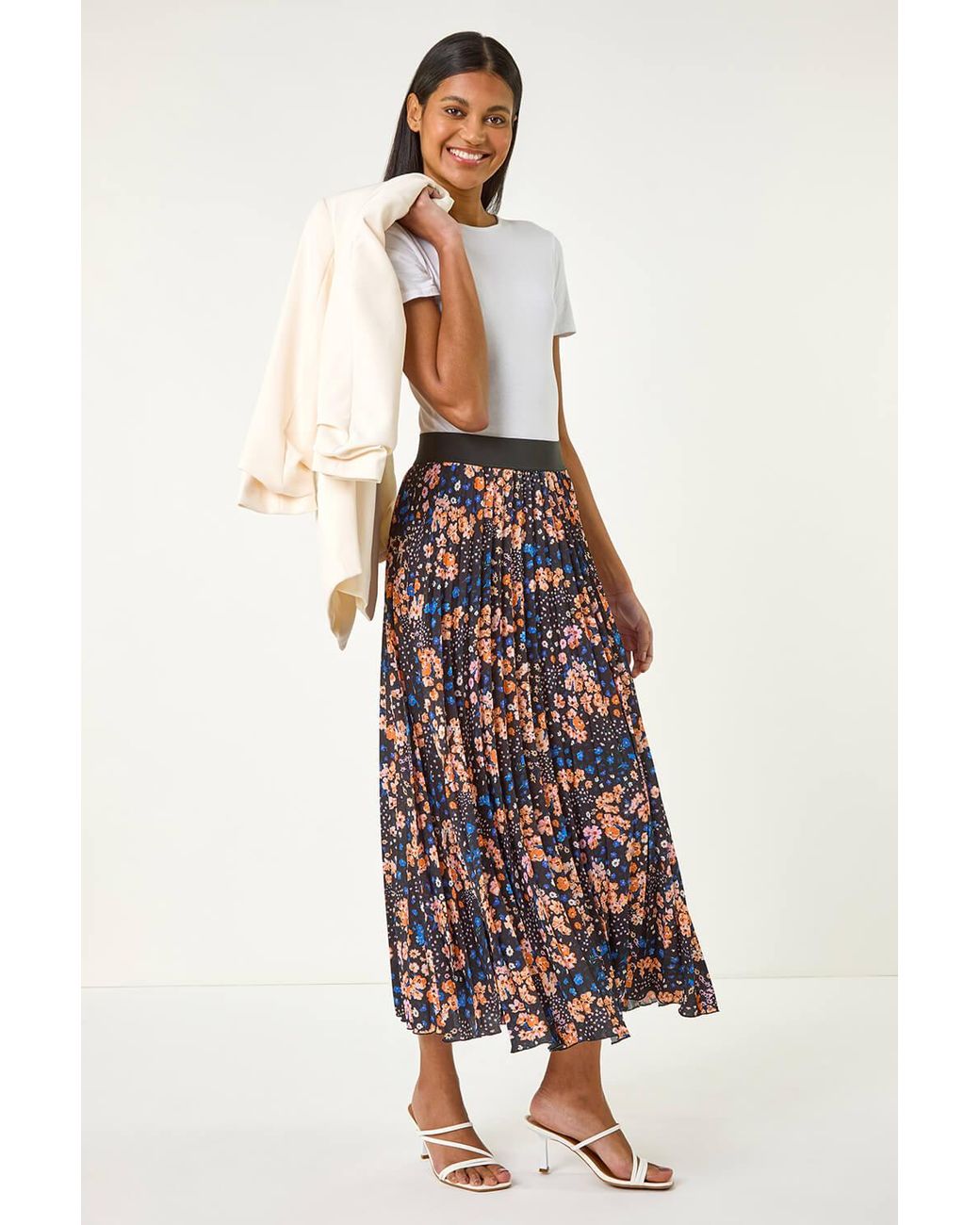 Roman White Ditsy Floral Print Pleated Stretch Skirt