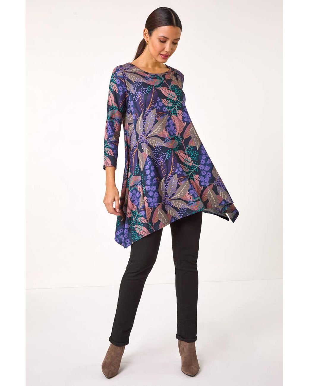 Roman Blue Floral Leaf Print Stretch Tunic