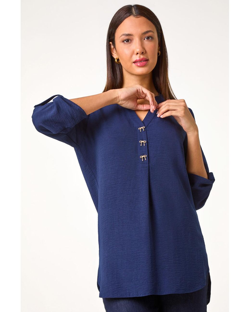 Roman Blue Longline Bow Button Woven Top