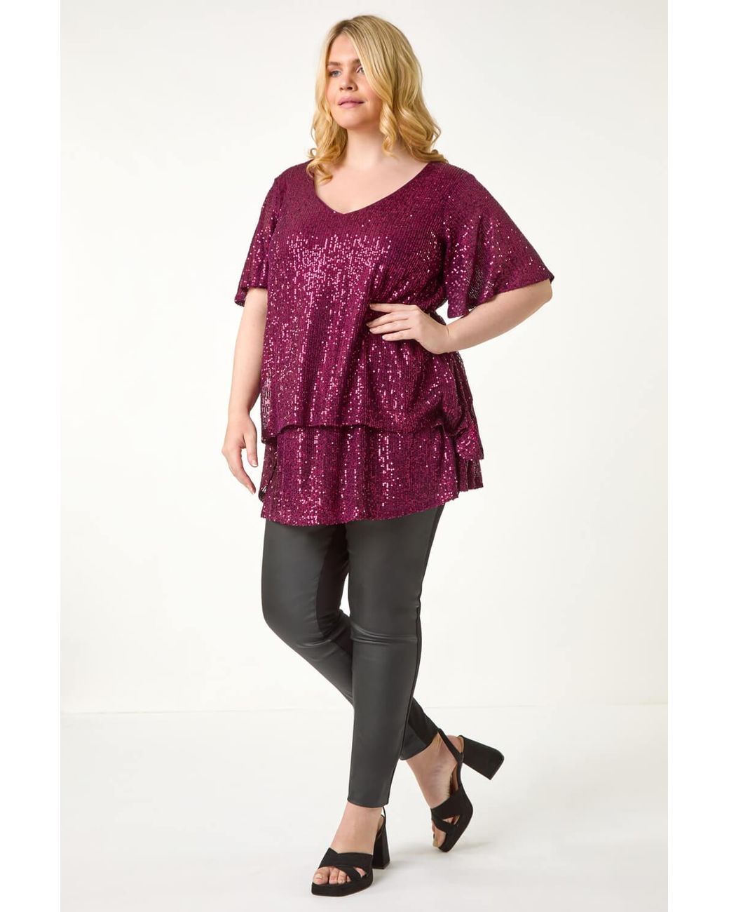 Roman Curve Red Sequin Overlay Flute Sleeve Top