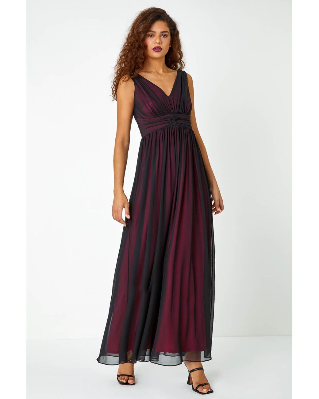 Roman Red Sleeveless Contrast Mesh Maxi Stretch Dress