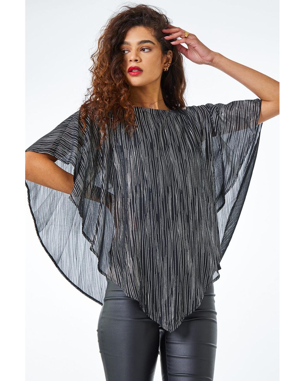 Roman Black Metallic Print Chiffon Overlay Top