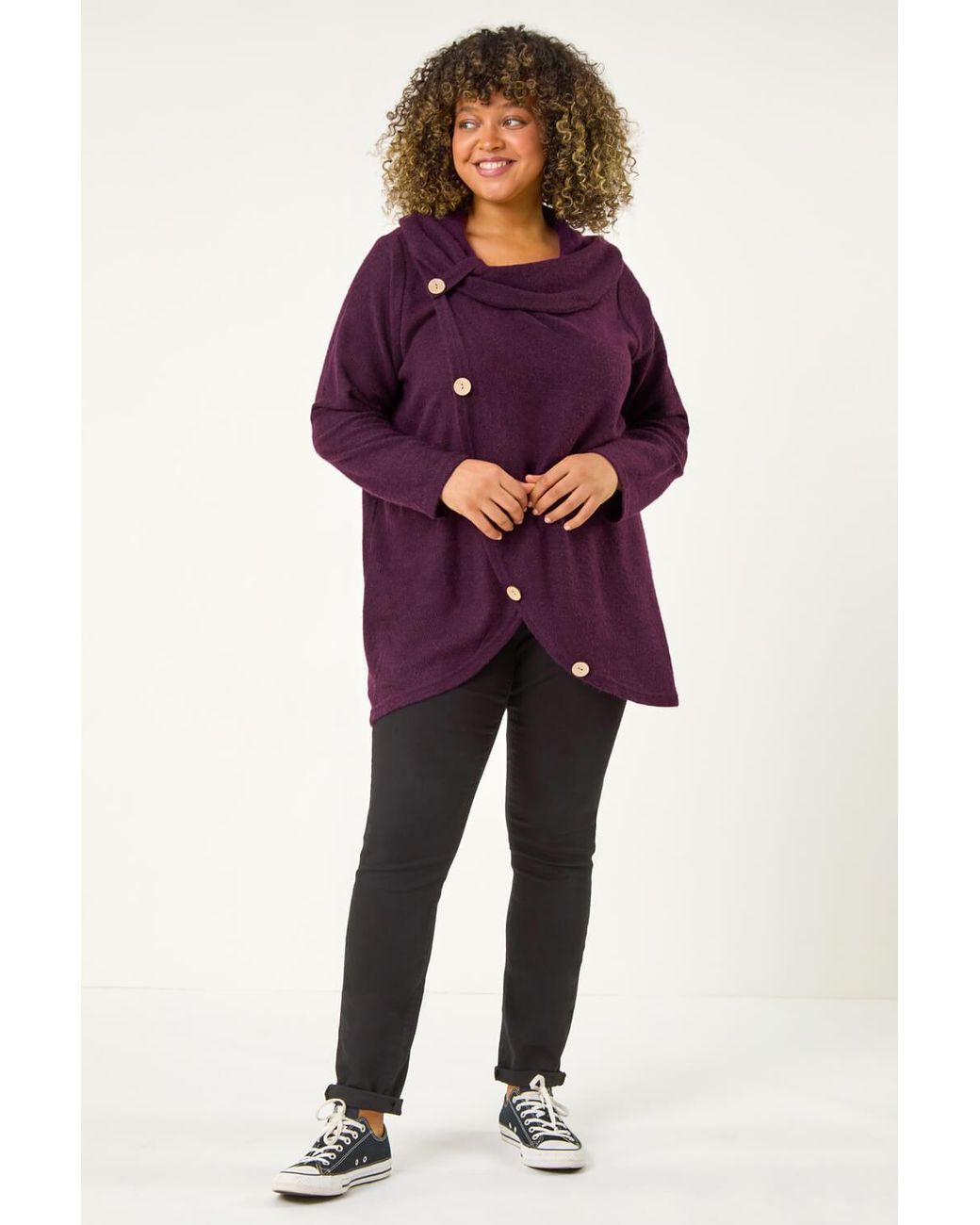 Roman Curve Purple Cowl Neck Button Wrap Top