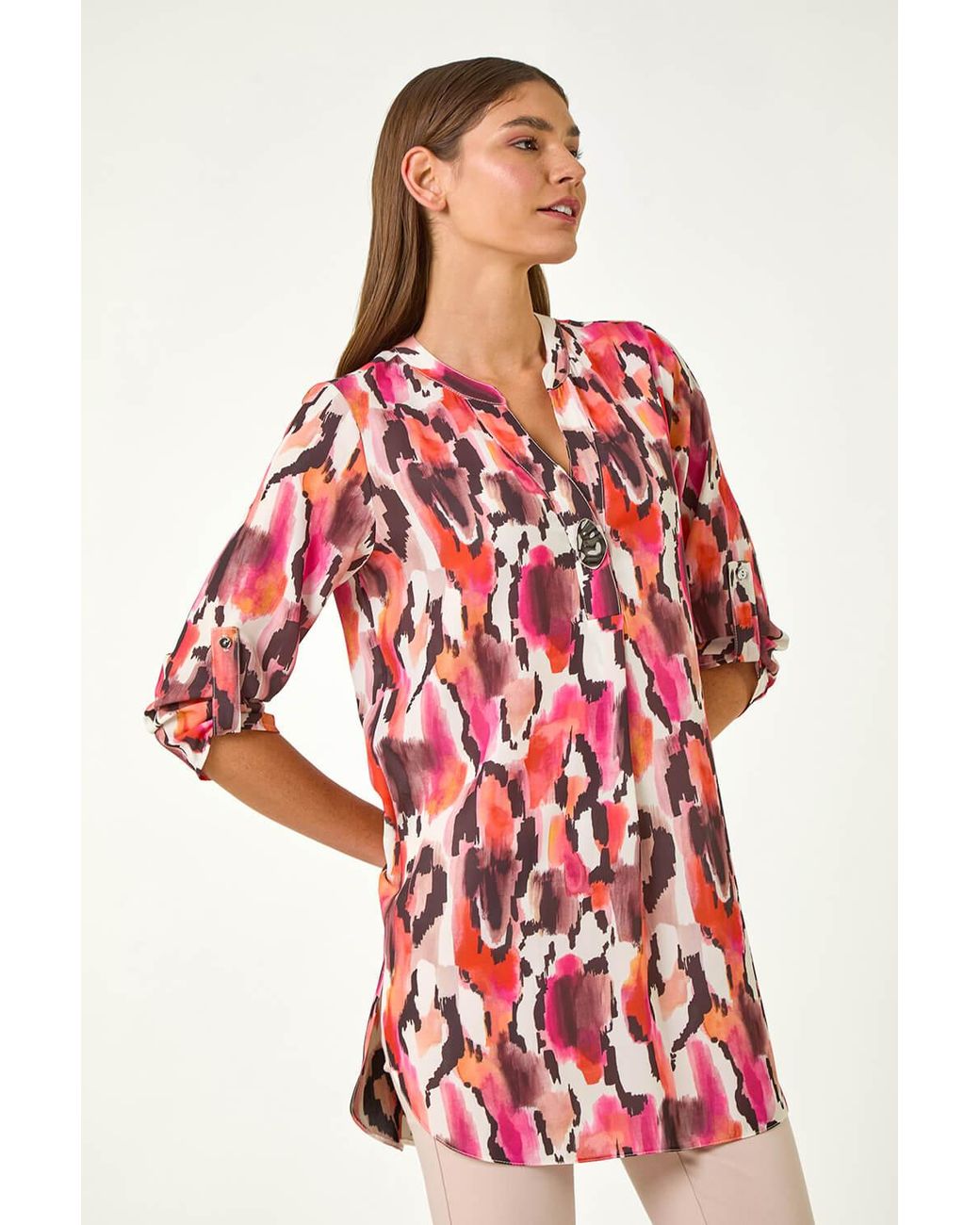 Roman Red Abstract Print V-Neck Button Top