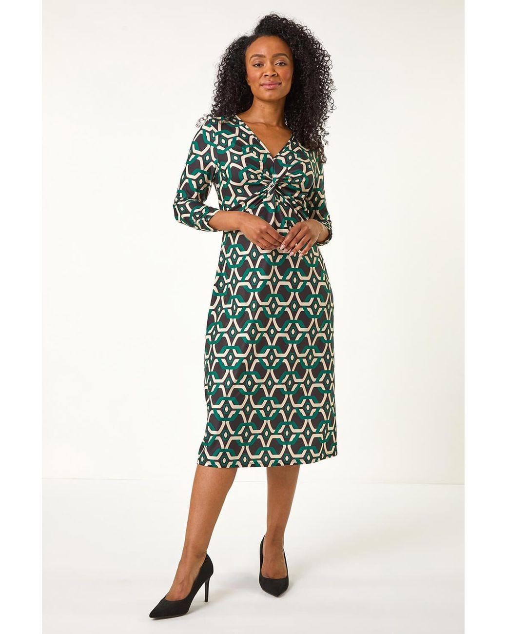Roman Petite Green Geometric Twist Midi Dress
