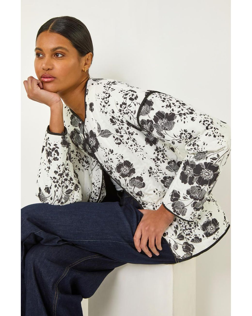 Roman Black Floral Print Cotton Jacket