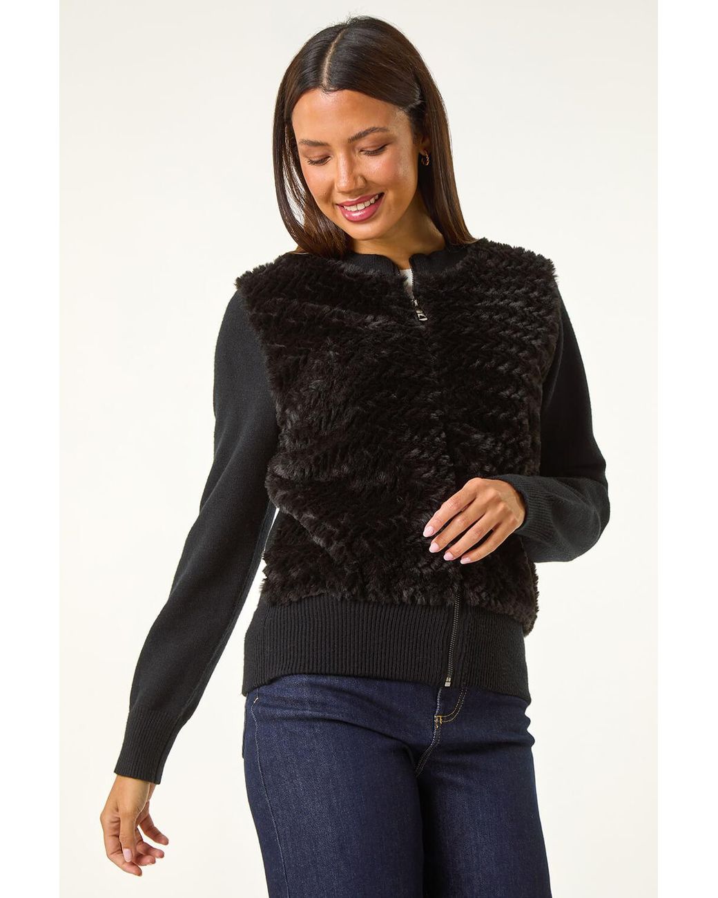Roman Blue Faux Fur Funnel Neck Zip Jacket