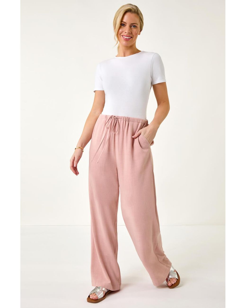 Roman Petite Pink Linen Mix Wide Leg Trouser