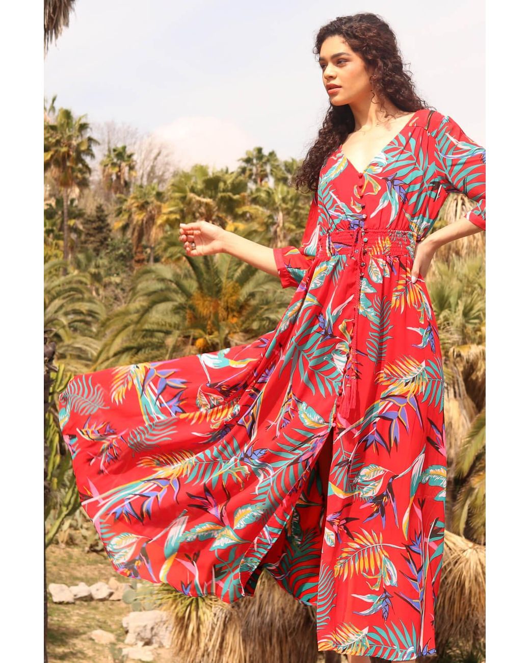 Roman Red Tropical Print Belted Maxi Dress