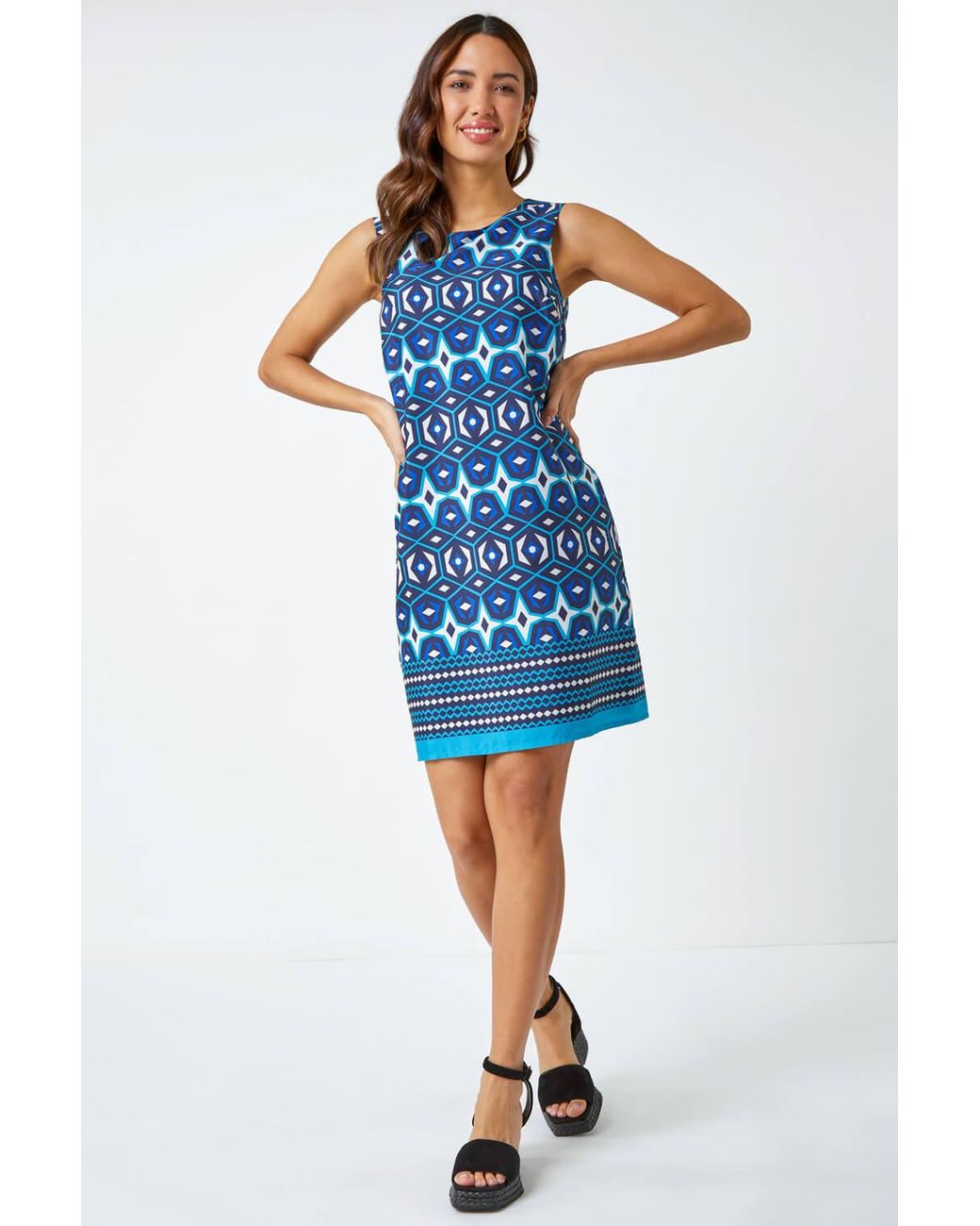 Roman Blue Geometric Border Print Shift Dress