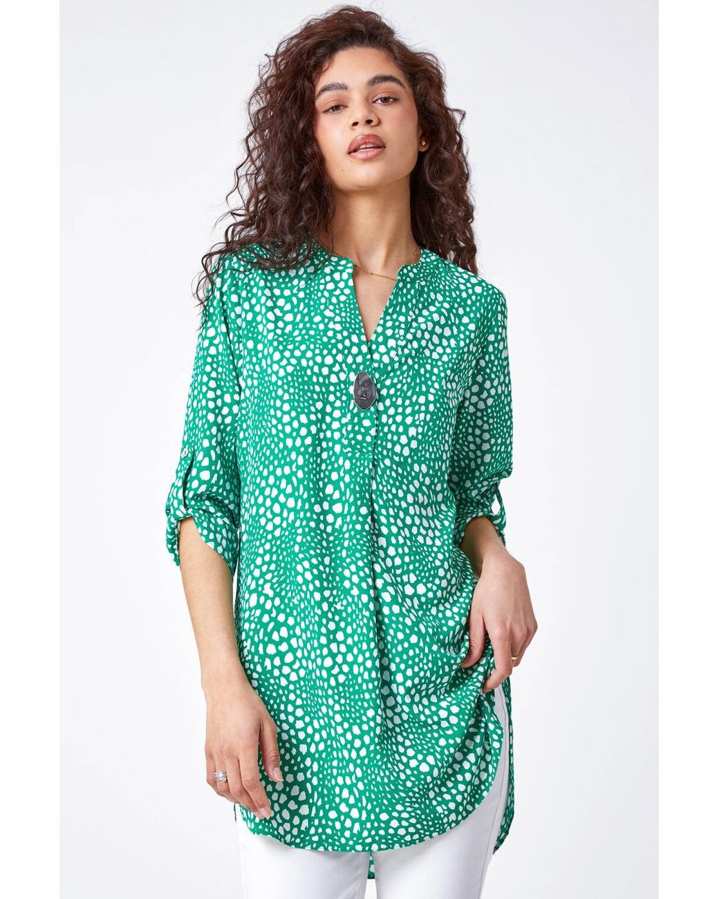 Roman Green Longline Button Detail Spot Print Top