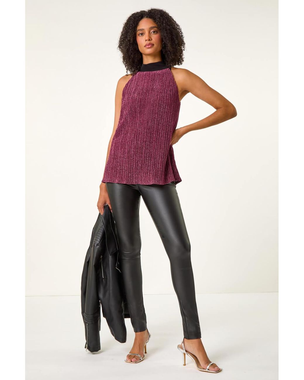 Roman Multicolor Glitter Plisse Halter Neck Top