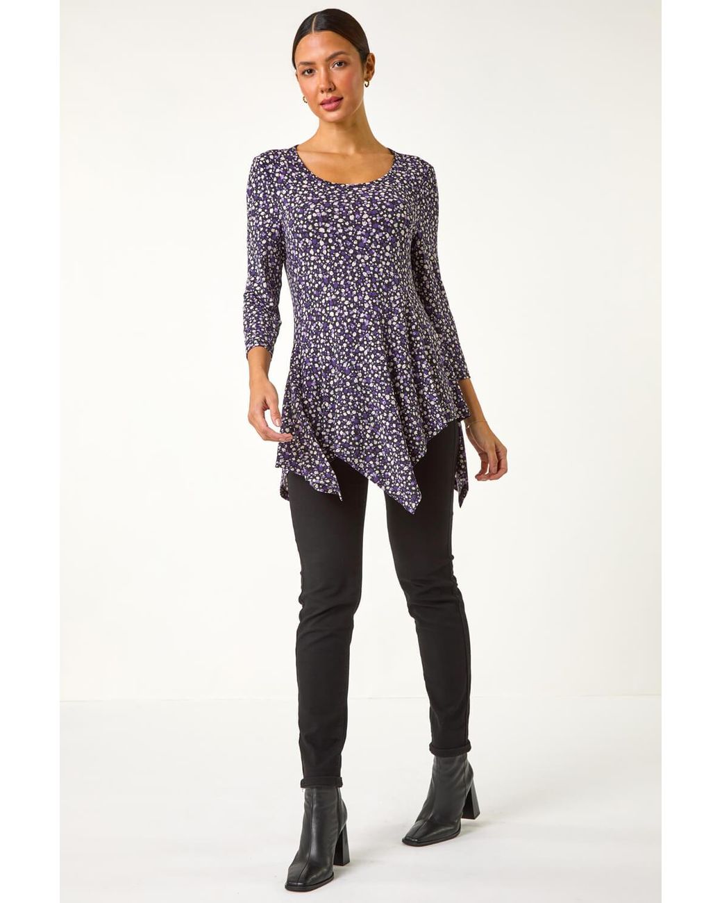 Roman Blue Spot Print Asymmetric Stretch Tunic